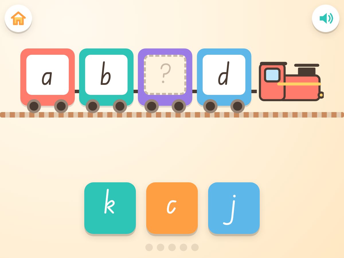 Alphabet Train in Educating Edgar: a little train of coloured carriages with the letters a, b, an empty carriage and d, and three letter buttons below.