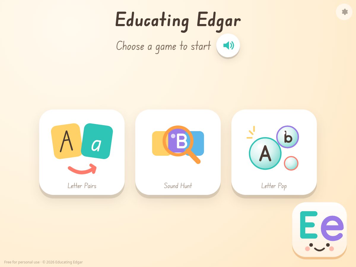 The Educating Edgar home screen: three big game tiles, Letter Pairs, Sound Hunt and Letter Pop, with the smiling Ee mascot.
