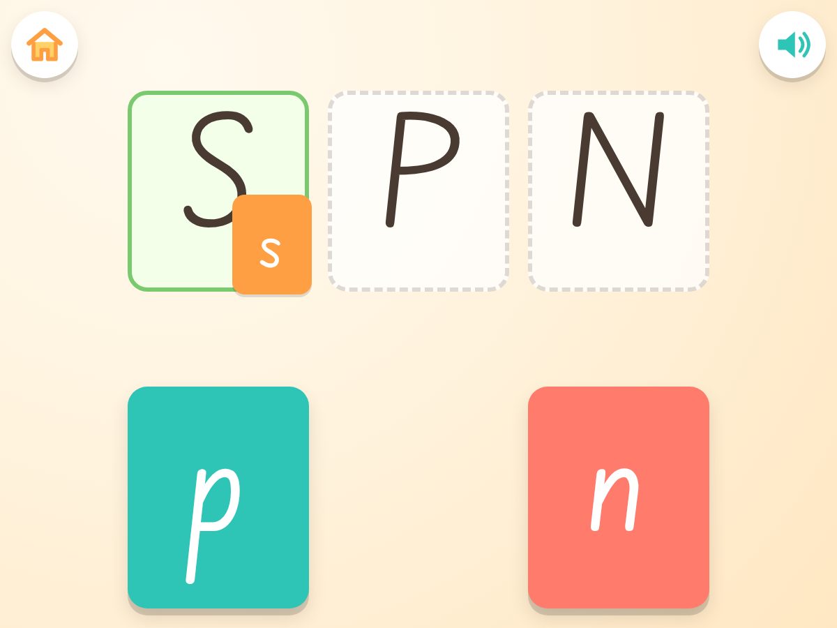Letter Pairs in Educating Edgar: big letters on cards at the top, one already matched with its little letter, and little letters waiting at the bottom.