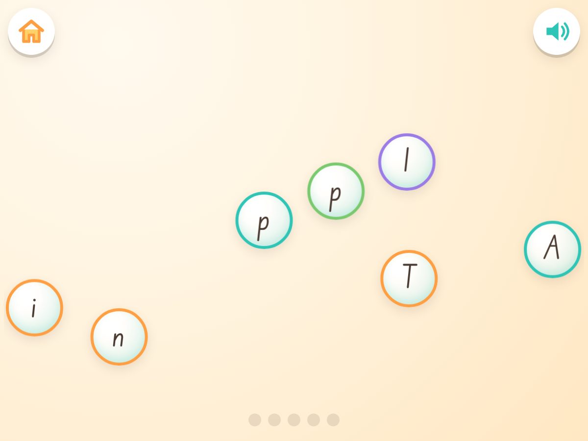 Letter Pop in Educating Edgar: round bubbles with big and little letters floating up a soft orange background.